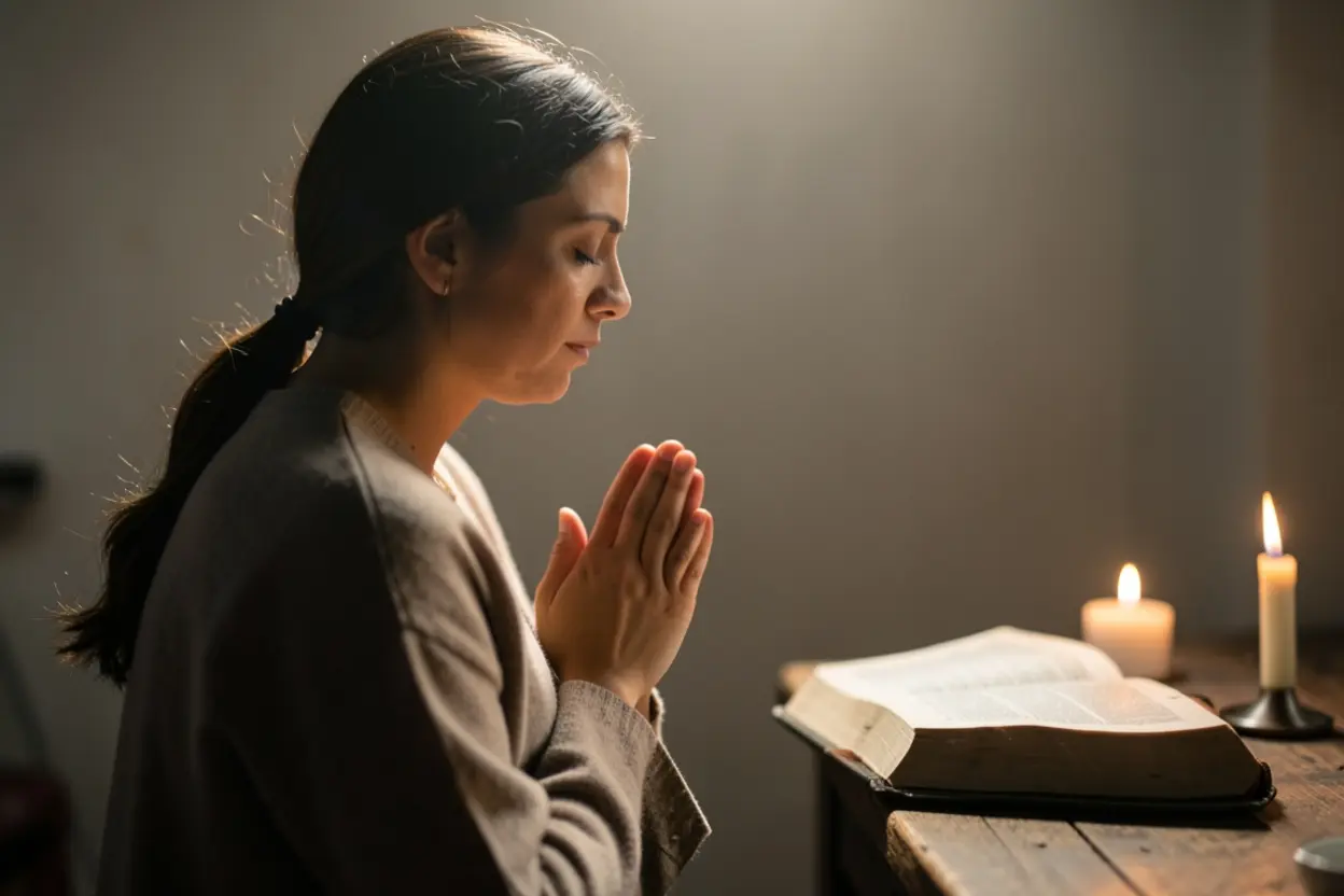 Mulher cristã em momento de oração e reflexão profunda