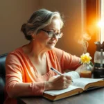 Mulher madura em estudo bíblico profundo, com Bíblia aberta e luz divina.