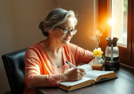 Mulher madura em estudo bíblico profundo, com Bíblia aberta e luz divina.