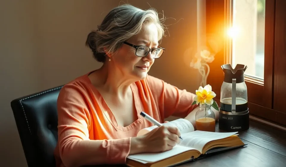 Mulher madura em estudo bíblico profundo, com Bíblia aberta e luz divina.