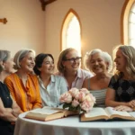 Grupo de mulheres cristãs sorrindo e se abraçando em culto.