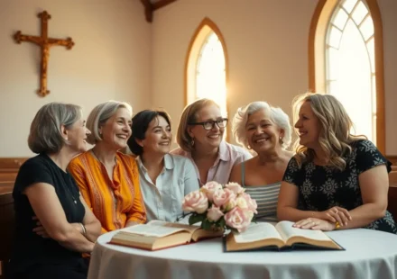 Grupo de mulheres cristãs sorrindo e se abraçando em culto.