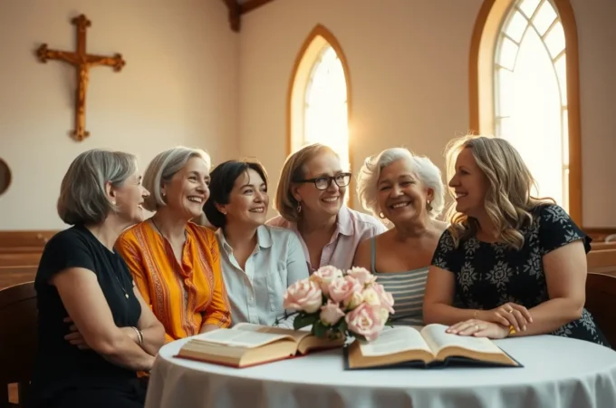 Grupo de mulheres cristãs sorrindo e se abraçando em culto.