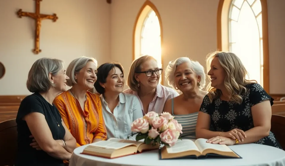 Programação para Culto de Mulheres: Roteiro Completo Grupo de mulheres cristãs sorrindo e se abraçando em culto.
