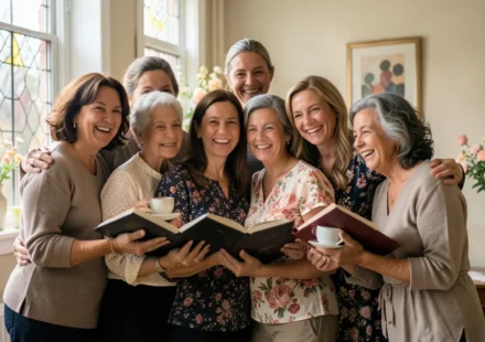 Grupo de mulheres sorrindo com Bíblias e flores, representando culto de mulheres e união cristã.
