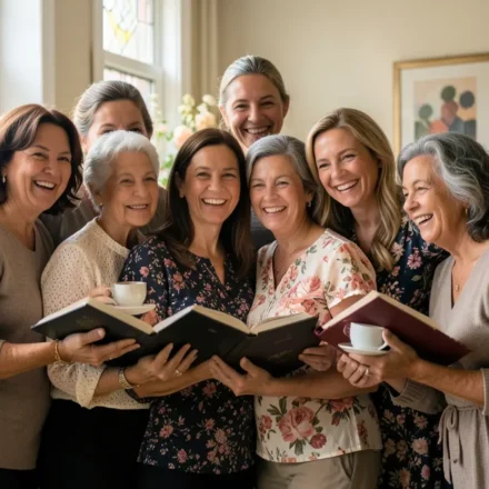 Grupo de mulheres sorrindo com Bíblias e flores, representando culto de mulheres e união cristã.