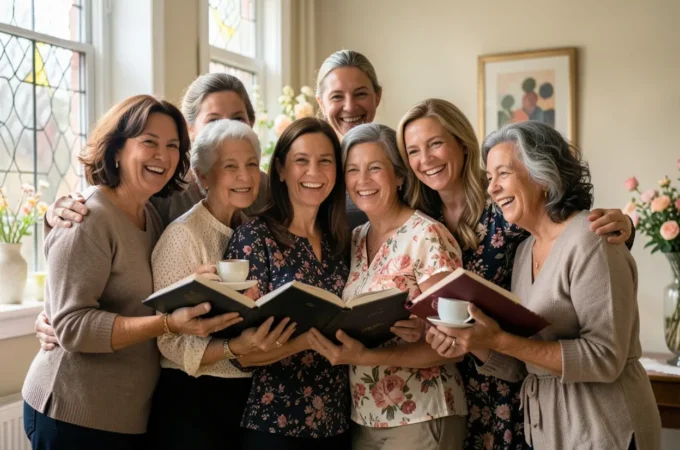 Grupo de mulheres sorrindo com Bíblias e flores, representando culto de mulheres e união cristã.