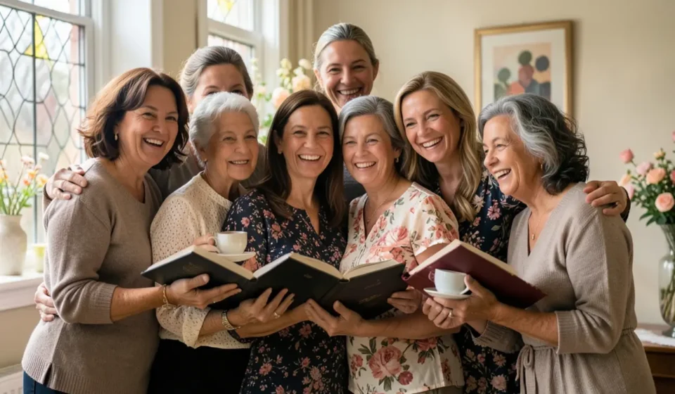 Grupo de mulheres sorrindo com Bíblias e flores, representando culto de mulheres e união cristã.