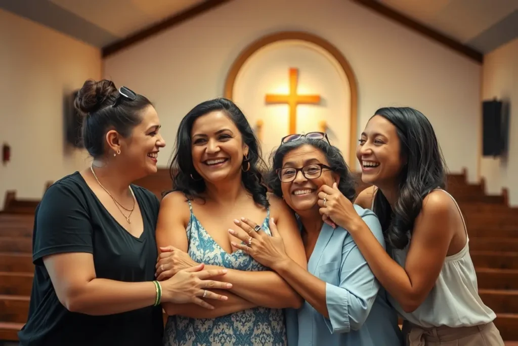 Grupo de mulheres se abraçando, acolhimento, comunhão, igreja