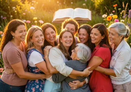 Grupo de mulheres cristãs unidas e felizes em um culto, com Bíblia e flores.