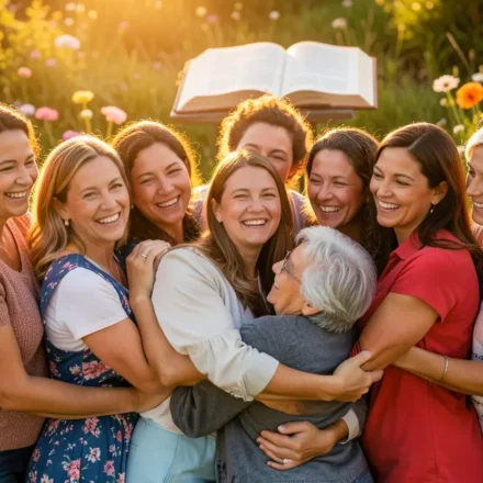 Grupo de mulheres cristãs unidas e felizes em um culto, com Bíblia e flores.