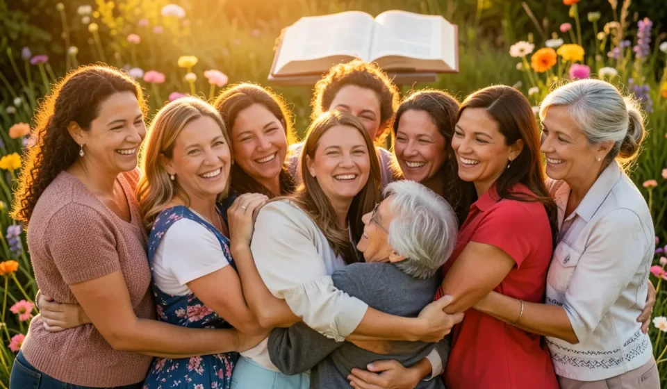 Grupo de mulheres cristãs unidas e felizes em um culto, com Bíblia e flores.