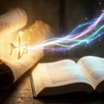 Antigo pergaminho e luz do Espírito Santo em uma Bíblia aberta.