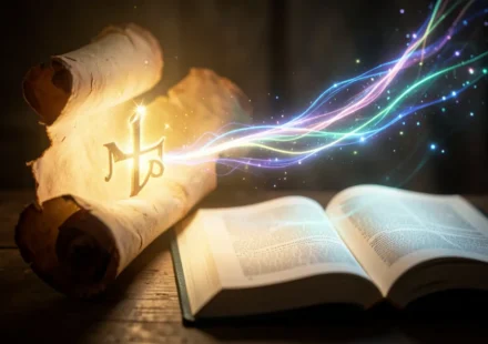 Antigo pergaminho e luz do Espírito Santo em uma Bíblia aberta.