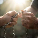 Mãos se libertando de correntes, simbolizando novo nascimento e libertação.