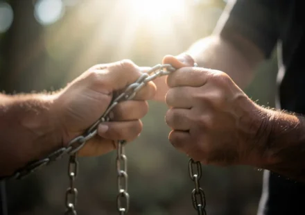 Novo Nascimento e Libertação Espiritual: A Conversão Rompe o Pecado Mãos se libertando de correntes, simbolizando novo nascimento e libertação.