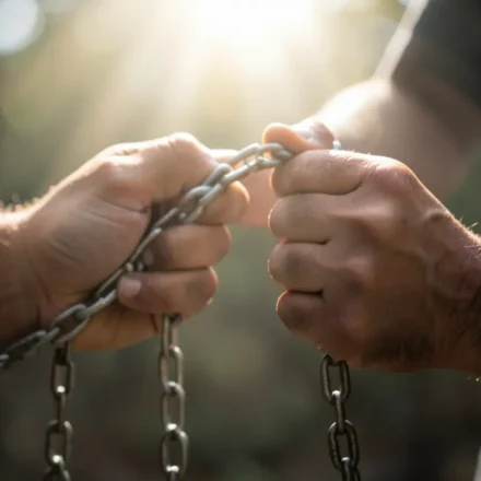 Mãos se libertando de correntes, simbolizando novo nascimento e libertação.