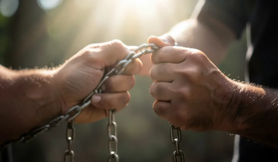 Mãos se libertando de correntes, simbolizando novo nascimento e libertação.