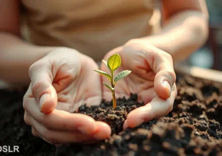 Mãos segurando um broto verde, simbolizando o novo nascimento e a transformação espiritual.