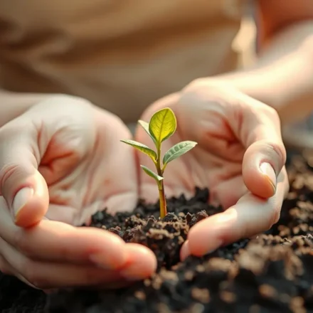 Mãos segurando um broto verde, simbolizando o novo nascimento e a transformação espiritual.