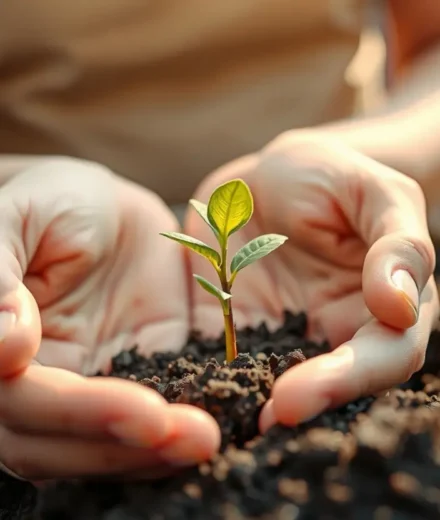 Mãos segurando um broto verde, simbolizando o novo nascimento e a transformação espiritual.