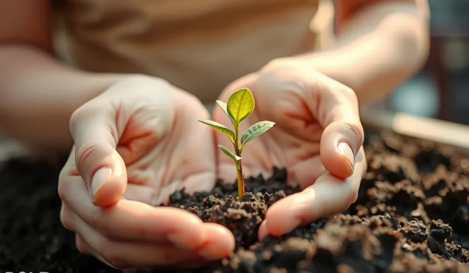 Mãos segurando um broto verde, simbolizando o novo nascimento e a transformação espiritual.