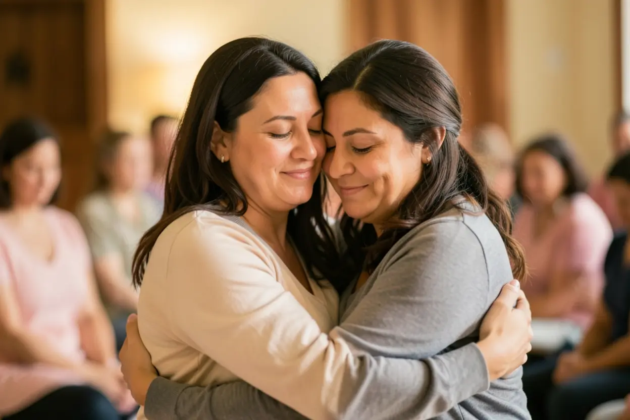 Duas mulheres se abraçando após um momento de oração, com expressões de paz e conforto.