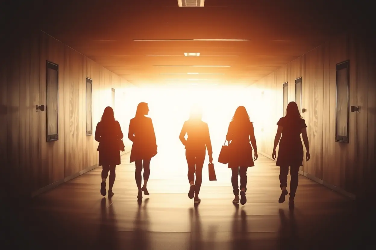 Silhueta de mulheres caminhando em direção à luz, representando a continuidade da missão após o evento.