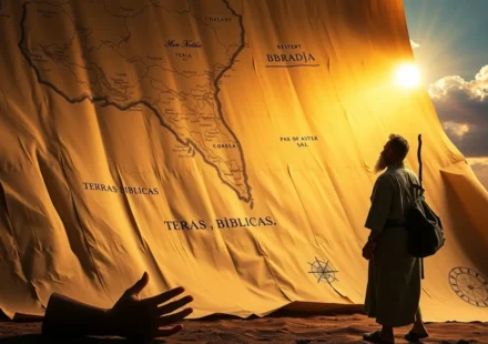 Ilustração do chamado de Abraão em Gênesis 12, com mapa antigo e figura partindo.