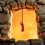 Cordão escarlate em Josué 2:18 na janela de uma casa antiga.