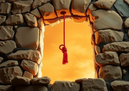 Cordão escarlate em Josué 2:18 na janela de uma casa antiga.