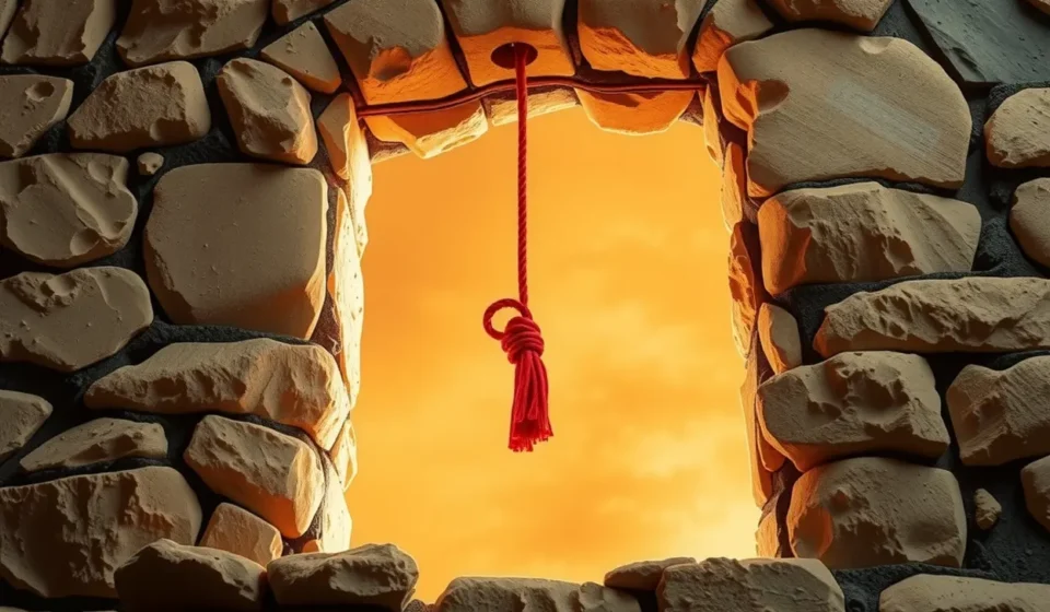 Cordão escarlate em Josué 2:18 na janela de uma casa antiga.