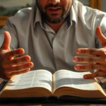 Homem em atitude de oração com Bíblia, representando sacrifício vivo.