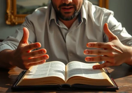 Homem em atitude de oração com Bíblia, representando sacrifício vivo.