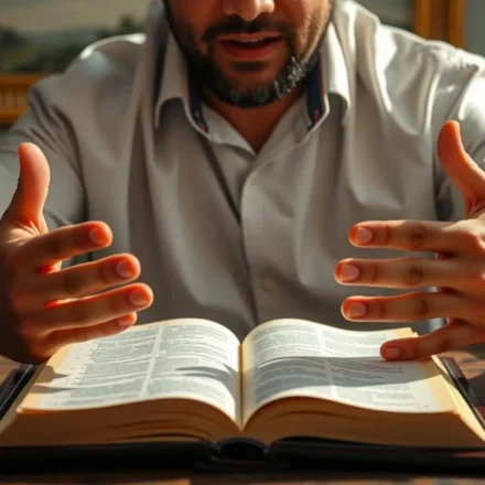 Homem em atitude de oração com Bíblia, representando sacrifício vivo.