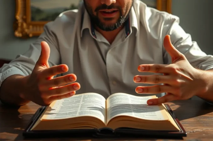Homem em atitude de oração com Bíblia, representando sacrifício vivo.