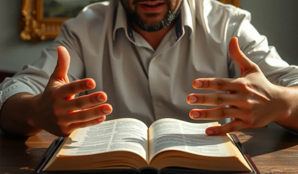 Homem em atitude de oração com Bíblia, representando sacrifício vivo.