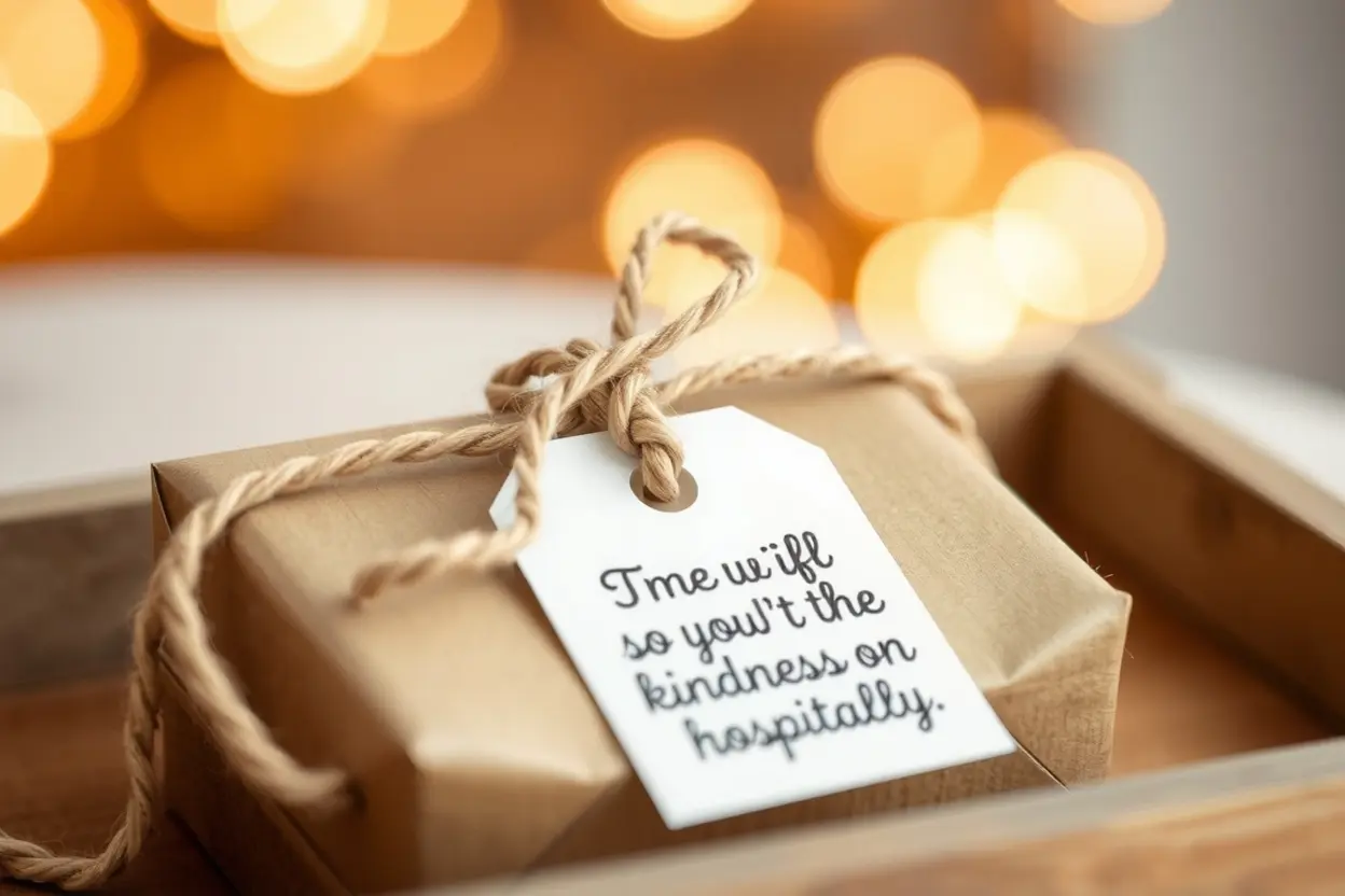 Pequeno presente artesanal embrulhado com um cartão bíblico, transmitindo acolhimento.