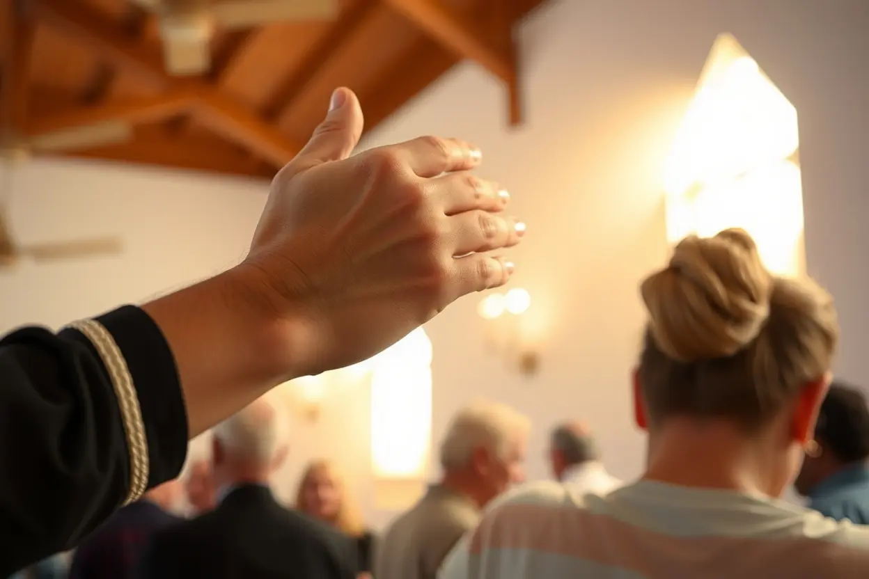 Homem de terno ajoelhado, lavando os pés de outro homem, simbolizando a liderança servidora. A cena remete a Jesus lavando os pés dos discípulos, com uma luz suave e tons de azul e dourado, transmitindo humildade e autoridade espiritual.