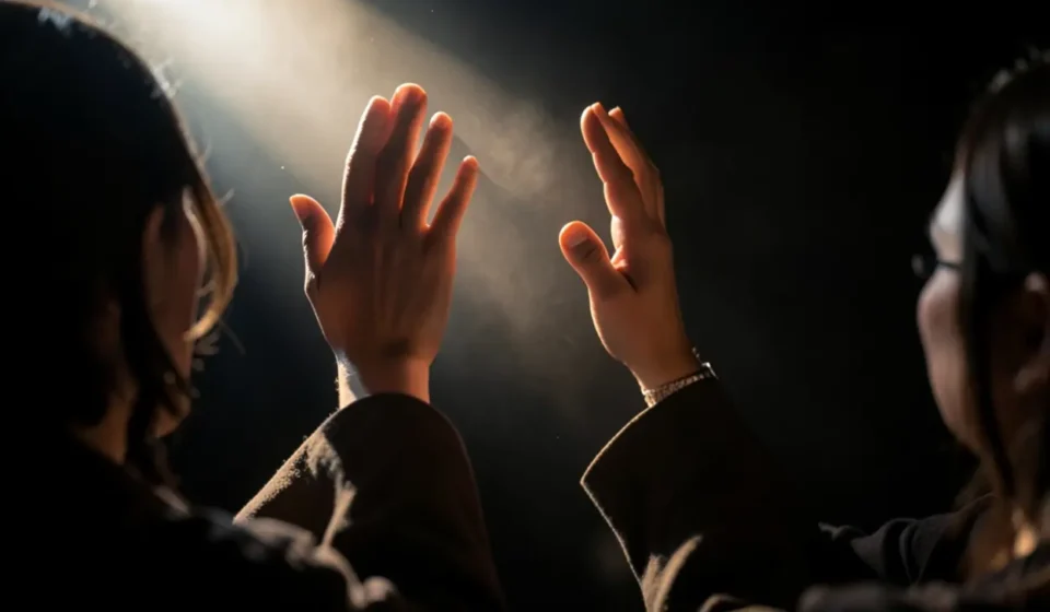 Pessoa adorando a Deus com mãos levantadas em sinal de gratidão.