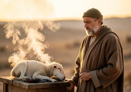 O Simbolismo dos Sacrifícios no Pentateuco: O que eles revelam? Sacerdote israelita em vestes tradicionais realizando um sacrifício de animal no altar fumegante ao amanhecer.