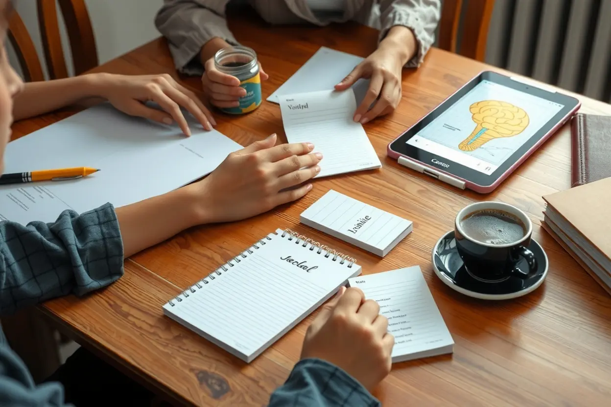 Uma pregadora organizando seus estudos bíblicos com foco e clareza.