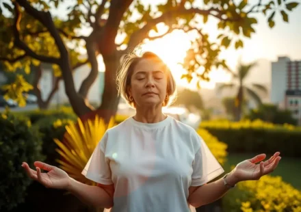 Pessoa meditando serenamente em um jardim, com cidade movimentada ao fundo, simbolizando a paz de Deus.