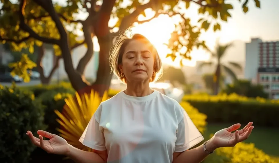 Pessoa meditando serenamente em um jardim, com cidade movimentada ao fundo, simbolizando a paz de Deus.