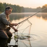 Homem lançando rede em lago ao amanhecer, simbolizando o chamado de Mateus 4:19.