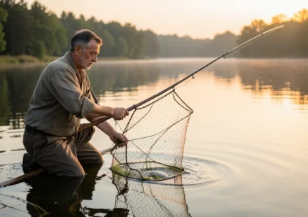 Mateus 4:19: A Profunda Chamada para Ser Pescador de Homens Homem lançando rede em lago ao amanhecer, simbolizando o chamado de Mateus 4:19.