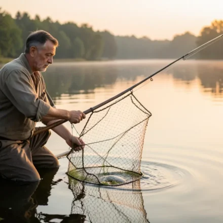 Mateus 4:19: A Profunda Chamada para Ser Pescador de Homens Homem lançando rede em lago ao amanhecer, simbolizando o chamado de Mateus 4:19.