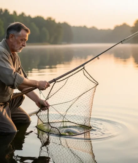 Homem lançando rede em lago ao amanhecer, simbolizando o chamado de Mateus 4:19.