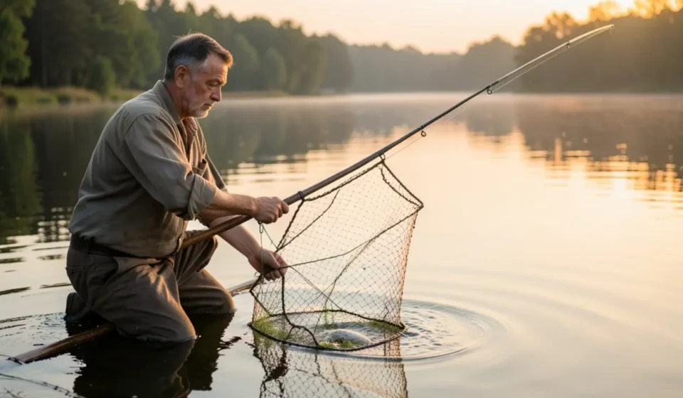Homem lançando rede em lago ao amanhecer, simbolizando o chamado de Mateus 4:19.