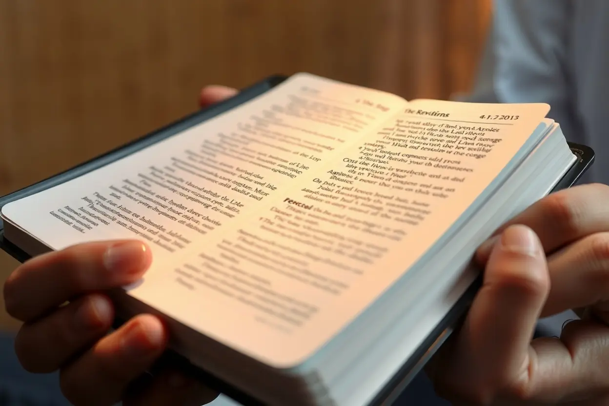 Mãos segurando Bíblia aberta, luz divina sobre o texto.